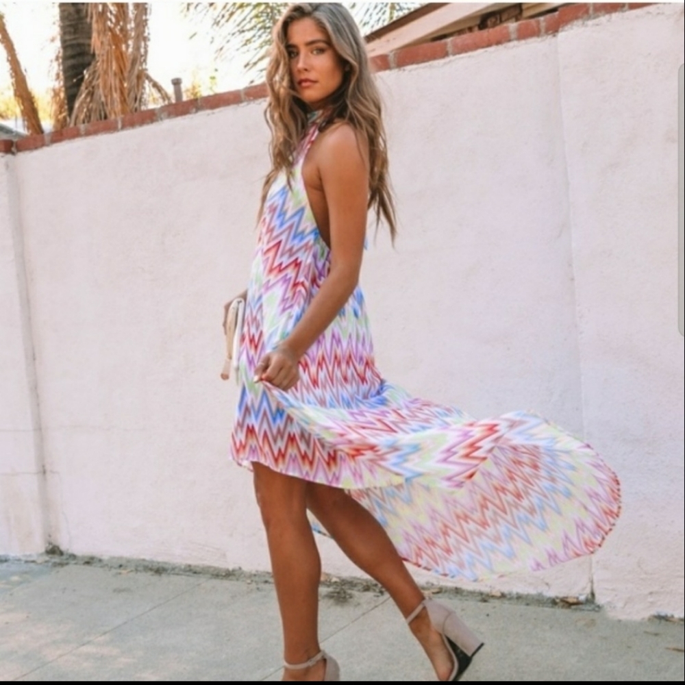 NWOT Halter Dress Rainbow Zip Zag